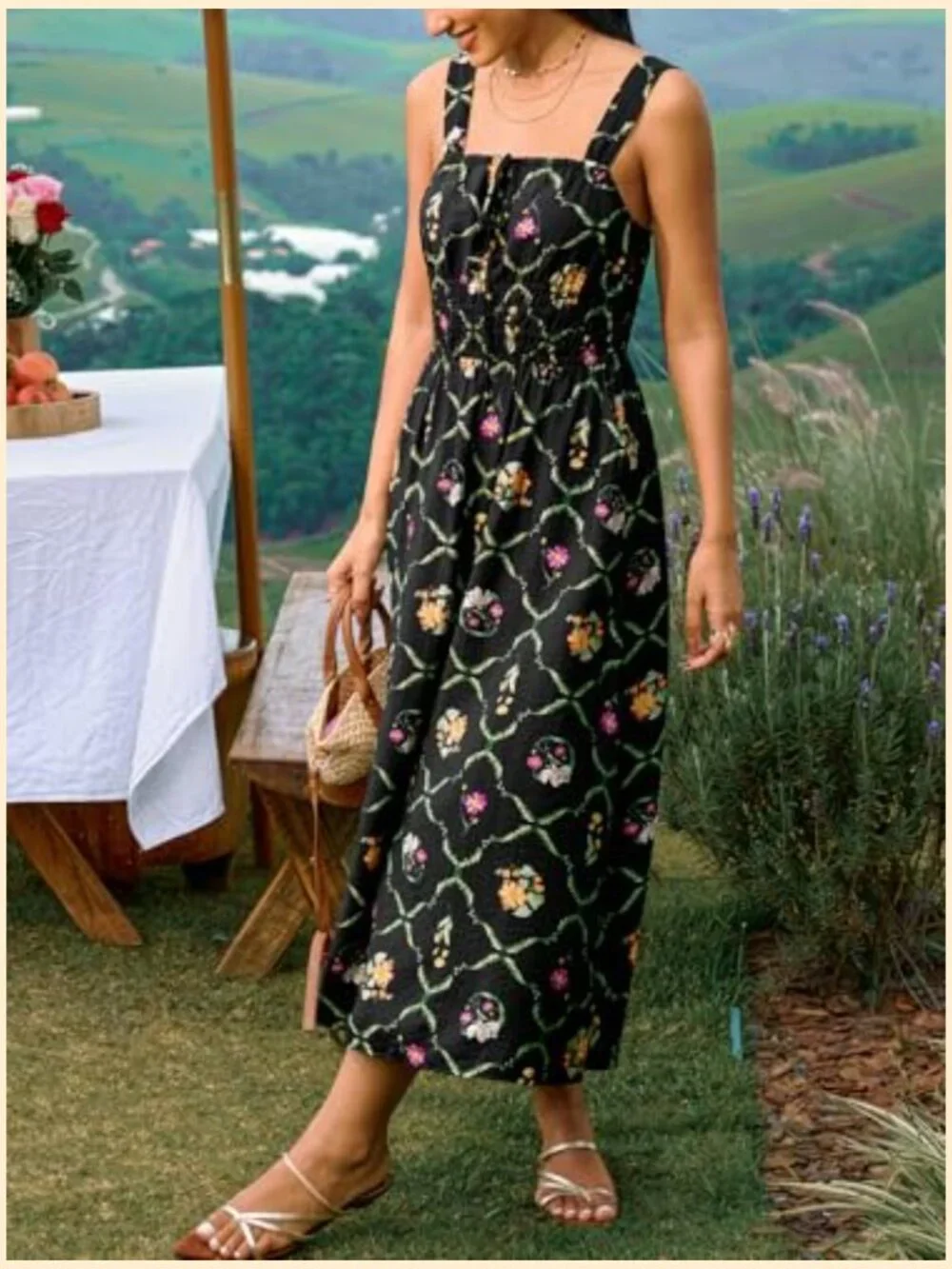 Backless Square Neck Smocked Midi Dress with Pockets - Picture 5 of 7